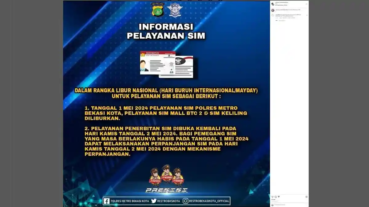 SIM Keliling Kota Bekasi Rabu 1 Mei 2024 Ini Tutup Sementara, Libur Hari Buruh Internasional