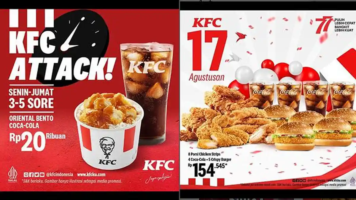 Promo Merdeka, Promo KFC 18 Agustus 2022, 8 Ayam+4 Coca-Cola+5 Burger Rp154.545, KFC Attack Rp20 Rb