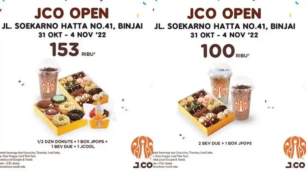 2 Minuman dan 1 Box Jpops Rp 100.000 di J.CO Binjai, Promo J.CO Hari ini Selasa 1 November 2022