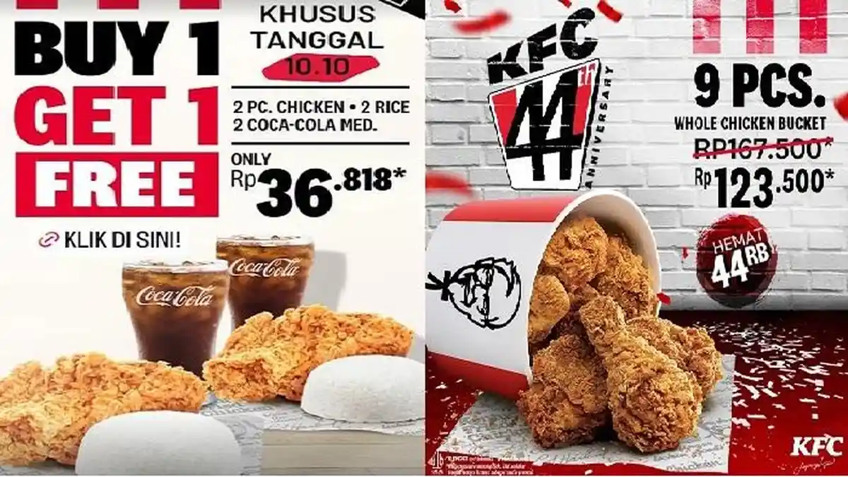 Promo KFC Hari Ini 10.10, Beli 1 Gratis 1, 2 Ayam KFC + 2 Nasi + 2 Coca Cola Rp 36.818
