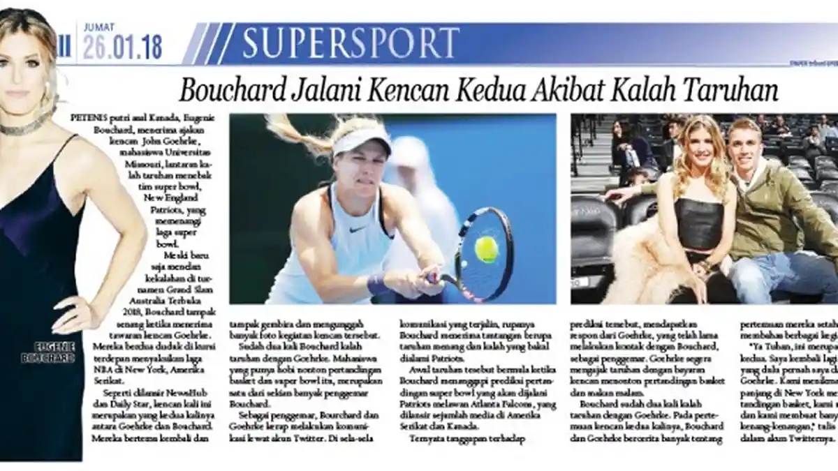Eugenie Bouchard Jalani Kencan Kedua Akibat Kalah Taruhan