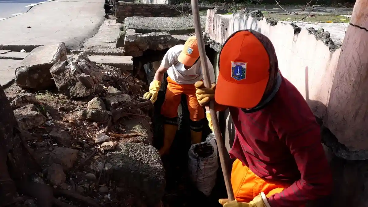 PPSU Lenteng Agung Bersihkan Sampah Daun di Selokan, Bisa Terkumpul 5 Karung