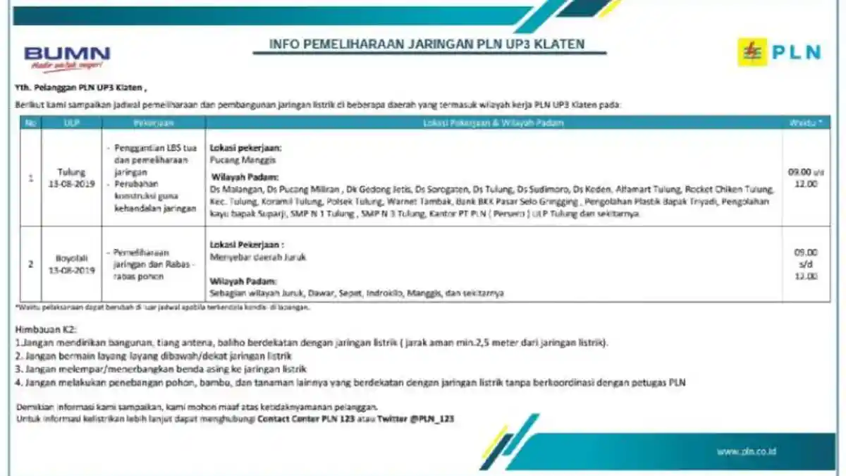 Info Pemeliharaan Jaringan Listrik PLN ULP Tulung Klaten Besok, Rabu 13 Agustus 2019