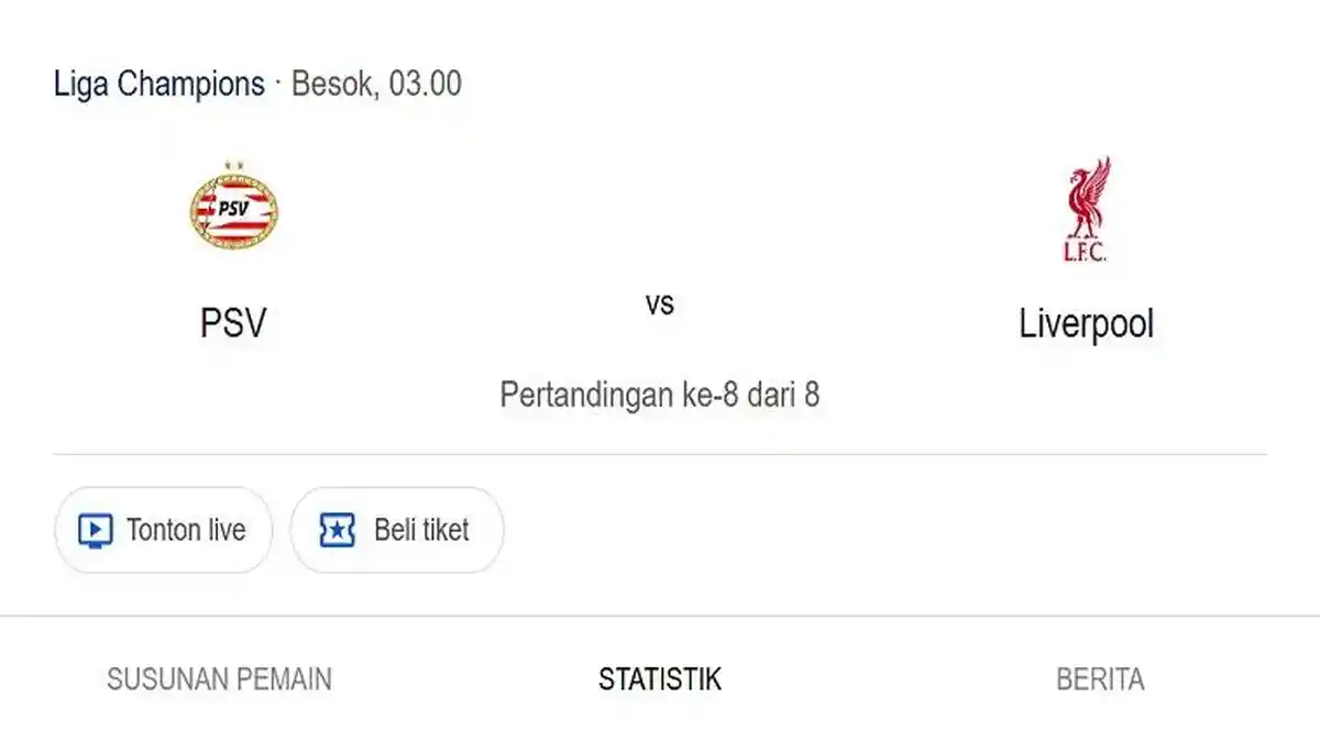 Link Live Streaming PSV Eindhoven VS Liverpool Tanding Dini Hari, Bisa Nonton di HP