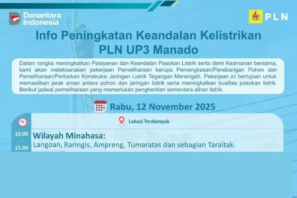 Siap-siap Mati Lampu, Info PLN Ini 5 Titik Terdampak di Minahasa, Rabu 12 November 2025