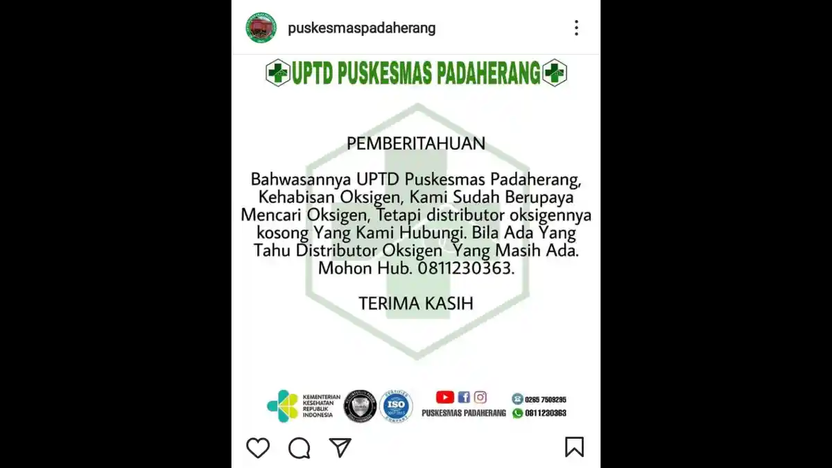 Kekurangan Oksigen, Puskesmas Padaherang Pangandaran Cari Distributor Oksigen hingga Purwokerto