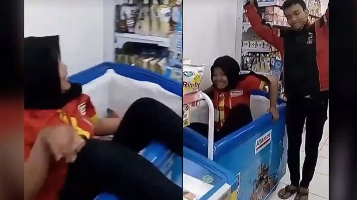 Duh! Pegawai Mini Market Ini Malah Masuk Freezer Makanan, Fotonya Bikin Geram