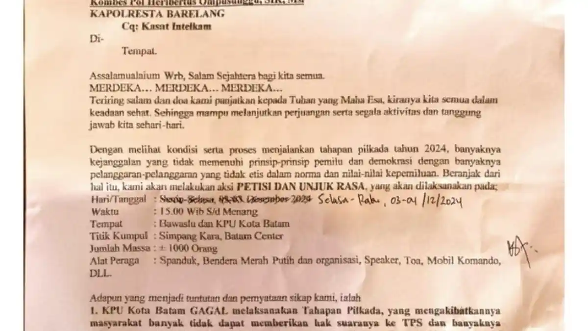 Tuntut Pilkada Ulang di Batam, Massa Akan Unjuk Rasa di Kantor Bawaslu dan KPU Besok
