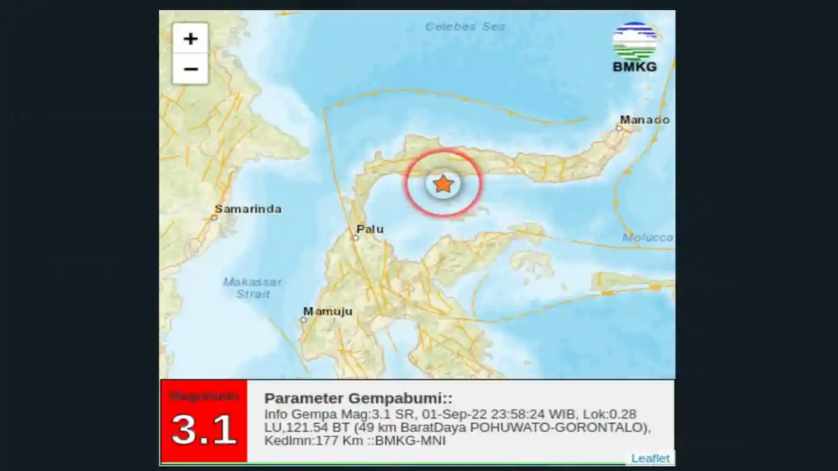Gempa Bumi M3.1 SR di Teluk Tomini Tenggara Pohuwato Gorontalo Jumat 2 September 2022