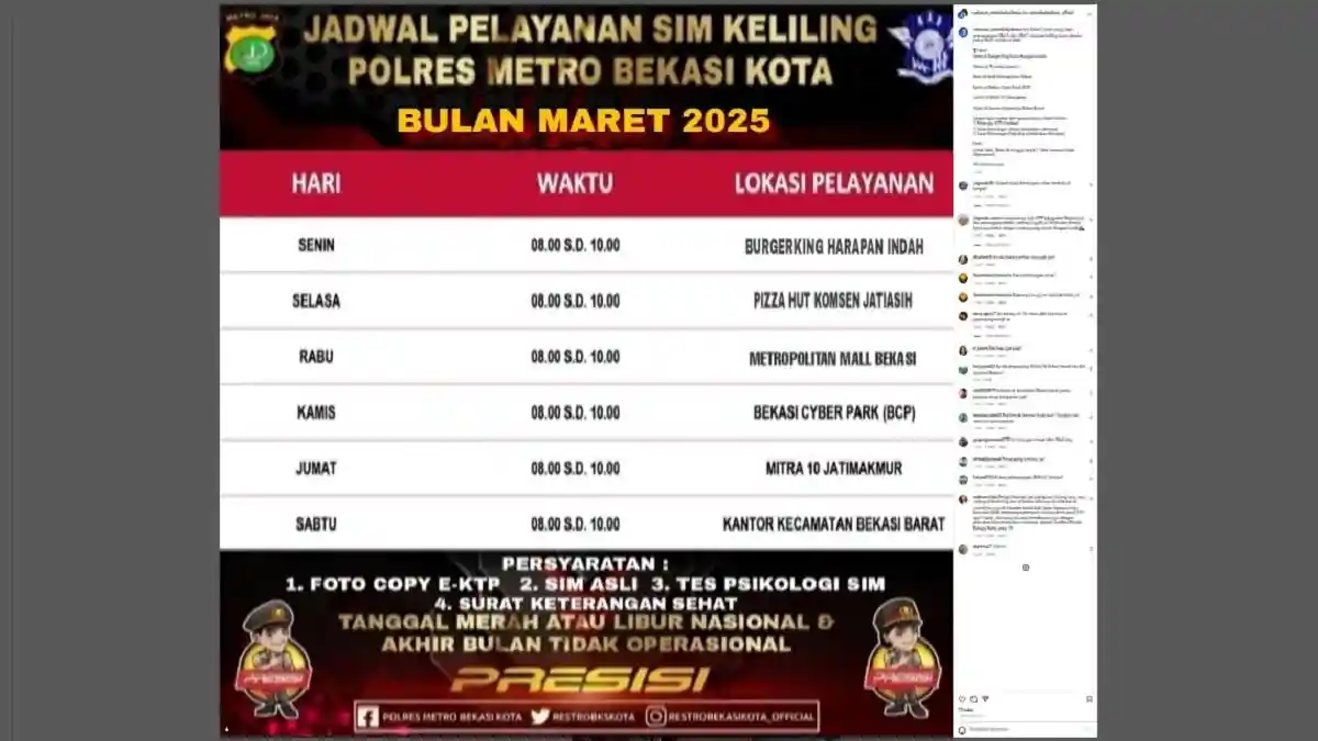SIM Keliling Kota Bekasi, Selasa ini 11 Maret 2025 Dijadwalkan Digelar di Jatiasih