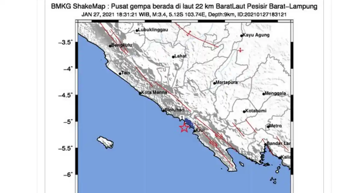 Baru Saja 2 Gempa Guncang Pesisir Barat Lampung Malam Ini, Pertama 5,4, Ini Daerah yang Merasakannya