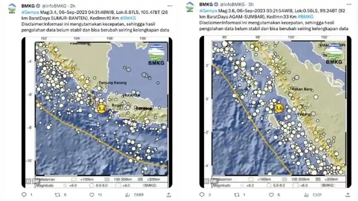 Gempa Bumi Hari Ini 6 September 2023 di Banten, Sumbar, Poso Sulteng, Maluku, Luwu Timur Sulsel