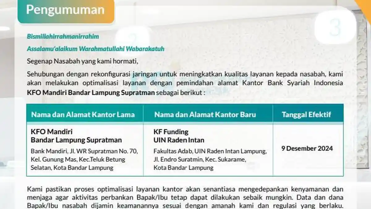 Kantor BSI Supratman Kini Pindah ke Jalan Endro Suratmin ...