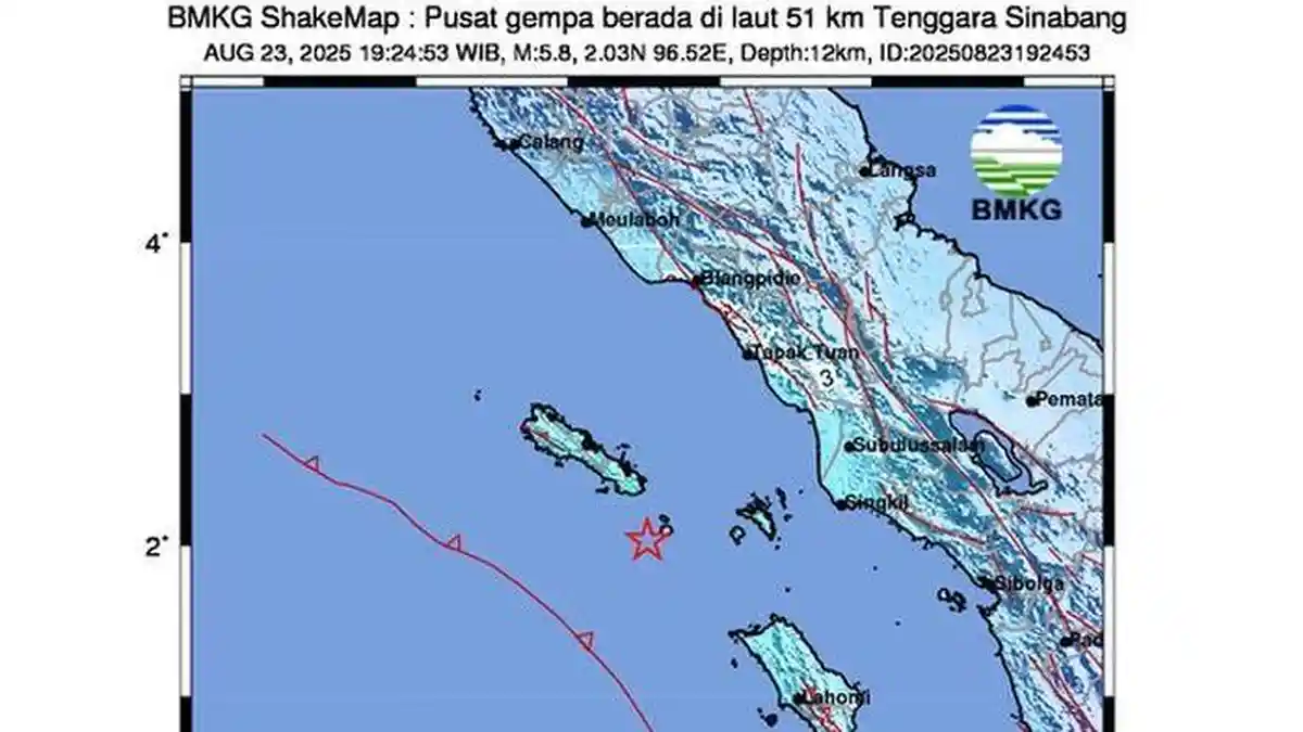 Gempa Terkini M5,8 di Aceh Guncang Sinabang, BMKG: Getaran Skala IV Dirasakan di Simeulue