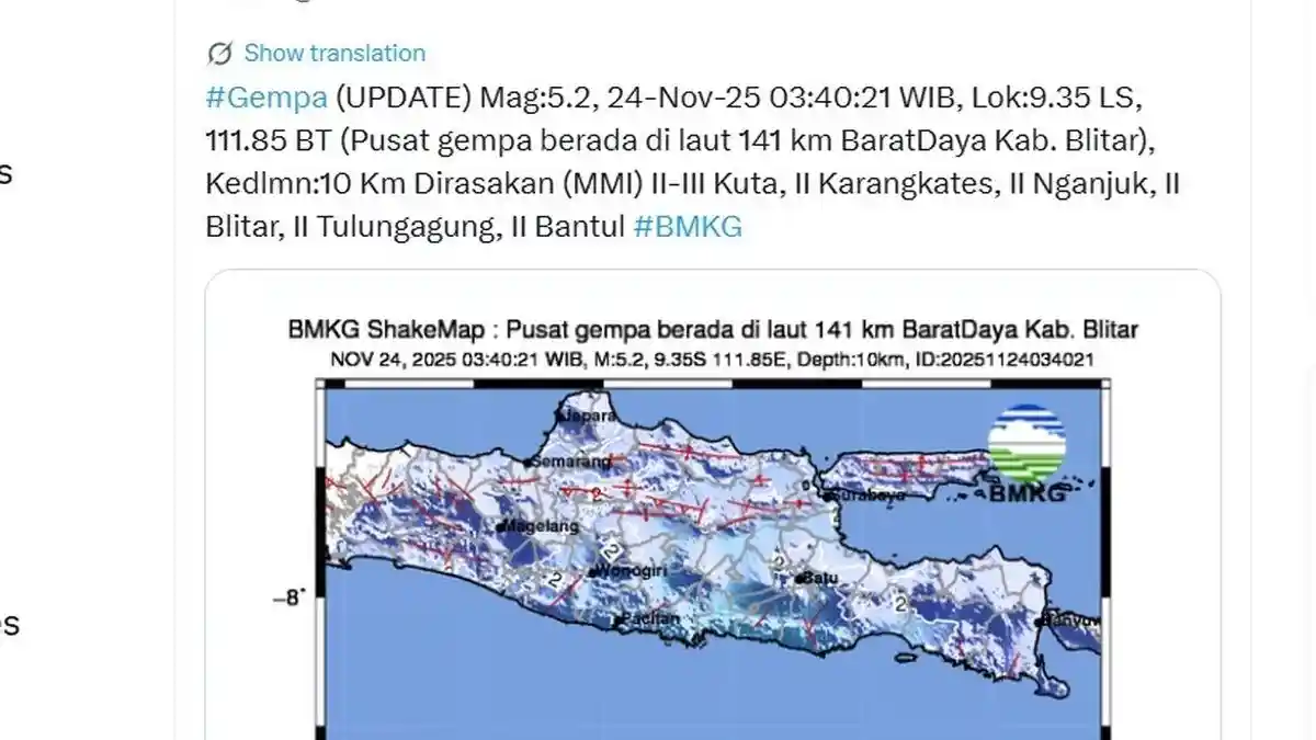 Blitar Diguncang Gempa Magnitudo 5,2, Terasa hingga Bali dan Yogyakarta