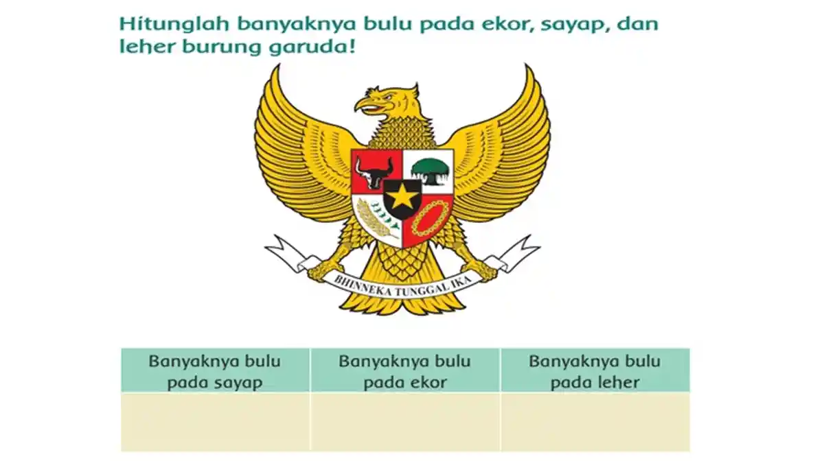 JAWABAN, Hitunglah Banyaknya Bulu pada Ekor, Sayap, dan Leher Burung Garuda!