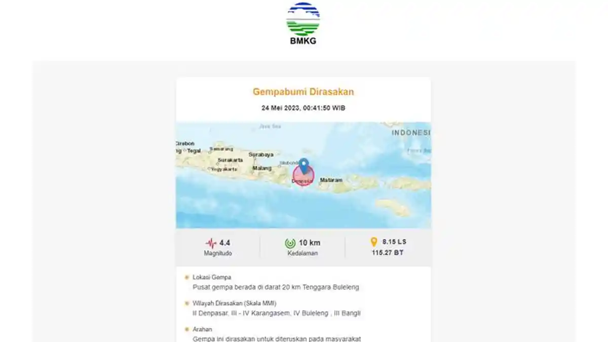 Gempa M 4,4 Guncang Buleleng Bali, BMKG: Dirasakan di Denpasar hingga Bangli