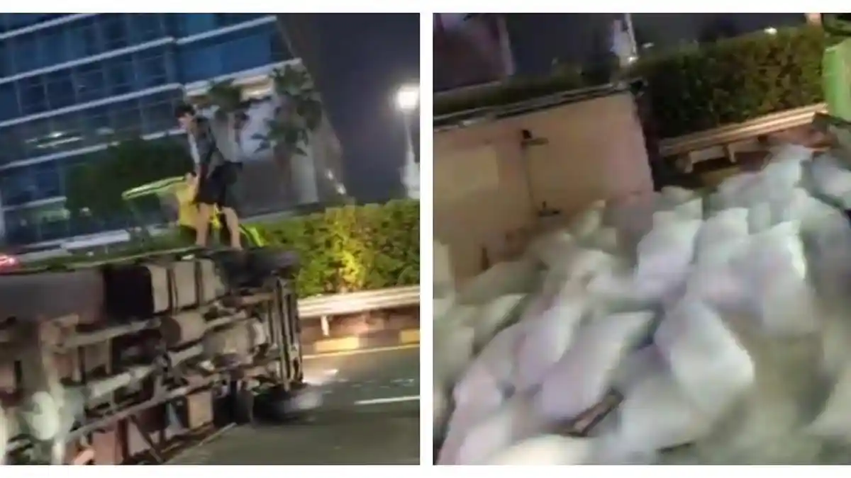 Kecelakaan Hari Ini di Tol Dalam Kota, Tebet: Truk Boks Terguling, Sopir & Penumpang Selamatkan Diri