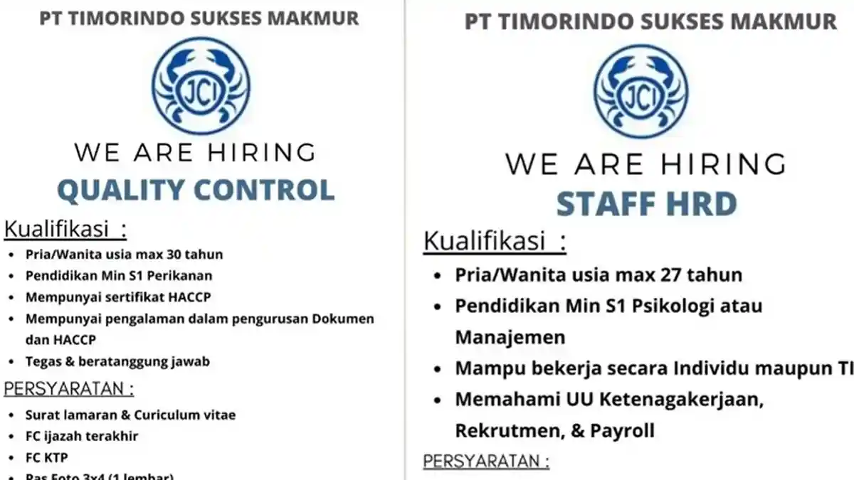 Lowongan Kerja Kendari, PT Timorindo Sukses Makmur Buka Loker Quality Control dan Staff HRD, Syarat
