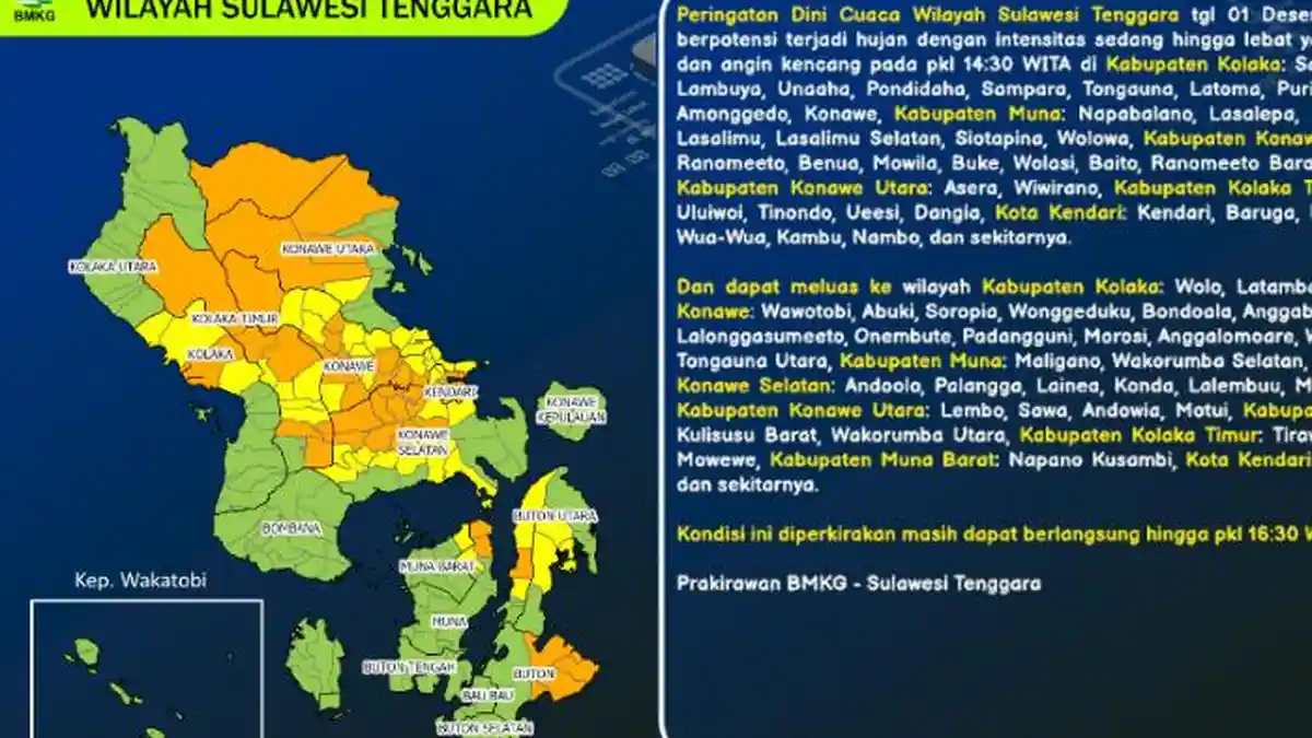 Peringatan Dini Cuaca Sulawesi Tenggara di Kendari, Konawe, Kolaka, Muna, Buton, 1 Desember 2025