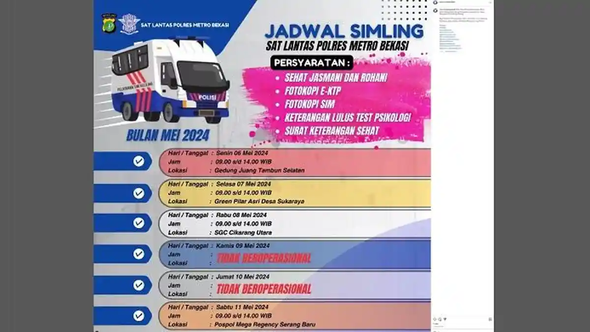 SIM Keliling Kabupaten Bekasi Senin 6 Mei 2024 Ini di Gedung Juang Tambun Selatan