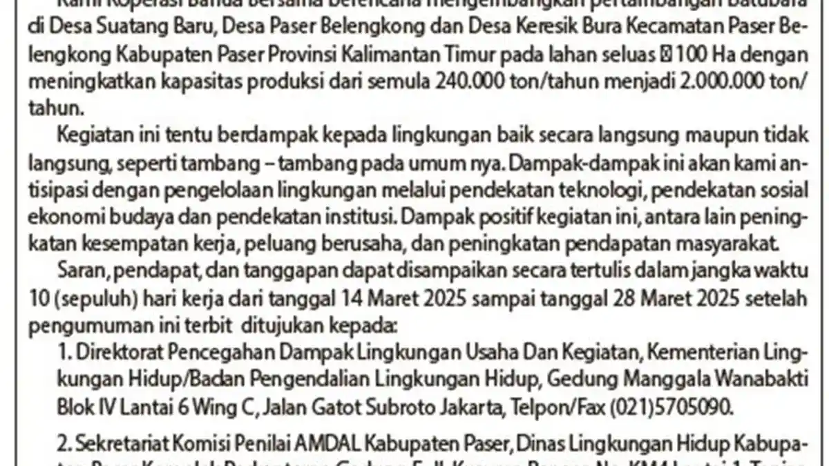 Koperasi Banua Bersama Sampaikan Pengumuman AMDAL