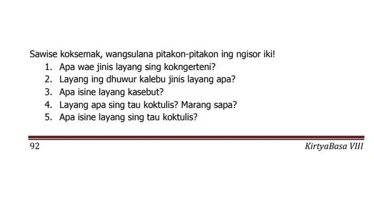 Kunci Jawaban Bahasa Jawa Kelas 8 Halaman 92, Mbabar Wawasan: Layang