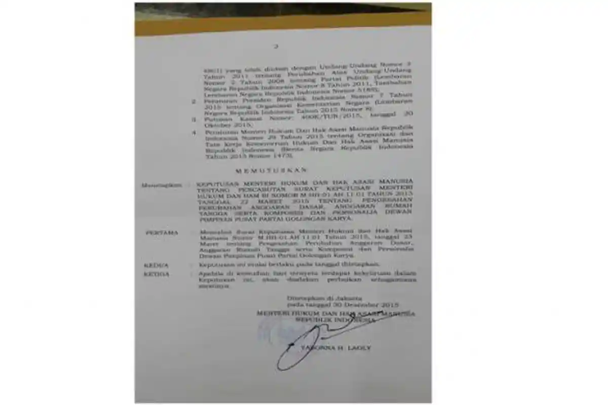 Ini Dia SK Menkumham yang Cabut Pengesahan Kepengurusan Kubu Agung Laksono