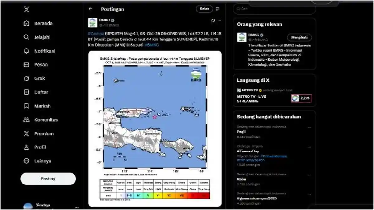 BMKG: Gempa Magnitudo 4,1 SR Guncang Sumenep Madura Pagi Ini