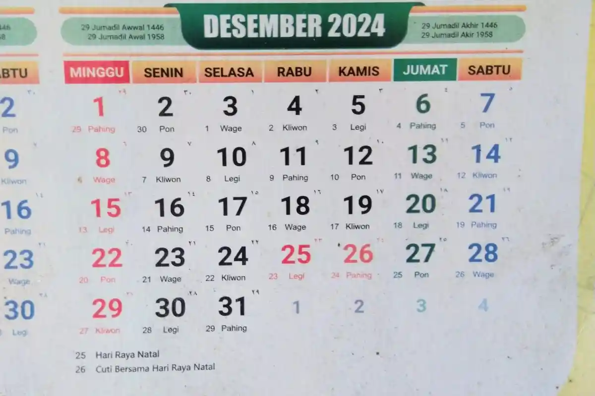 Kalender Desember 2024 Lengkap dengan Weton Jawa 5 Desember 2024