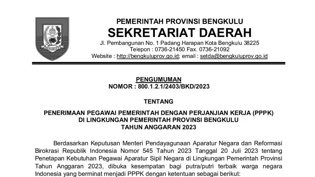 Link Pendaftaran PPPK Pemprov Bengkulu Formasi Guru, Tenaga Kesehatan dan Teknis
