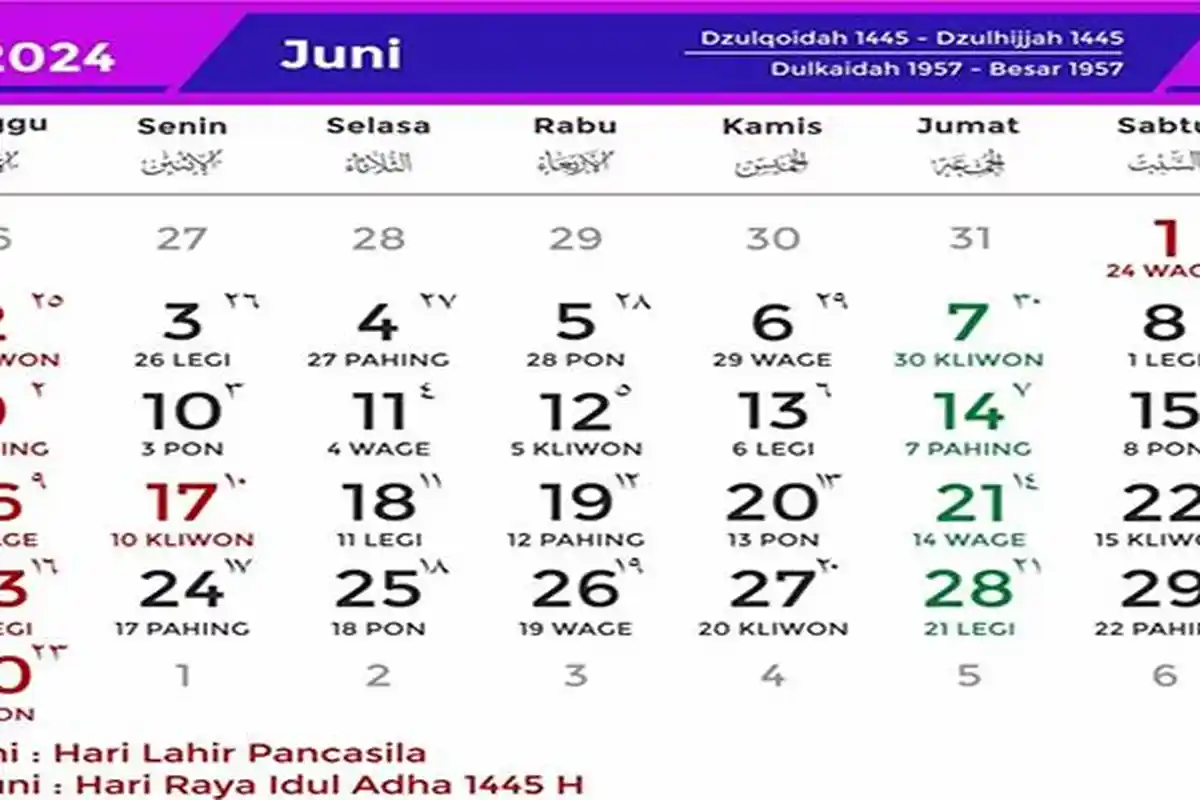 Kalender 2024 Cek Penentuan Siklus Harian Kalender Jawa Termasuk Weton dan Pasaran Bulan Juni 2024!