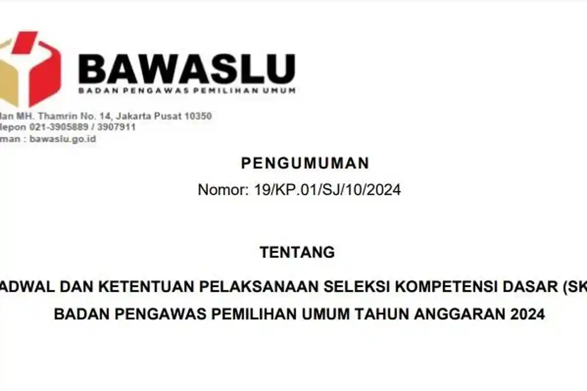 Link Download PDF Jadwal dan Tilok SKD CPNS 2024 Bawaslu, Ini Syarat dan Tata Tertib