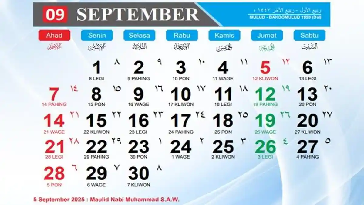 Kalender September 2025, Ada Long Weekend 3 Hari Hingga Maulid Nabi Muhammad SAW