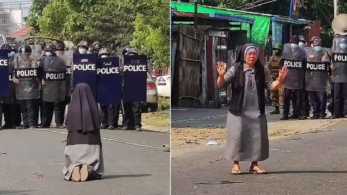 Foto Miris Seorang Suster Katolik Berlutut Sambil Menangis di Depan Militer, Ini Permohonannya