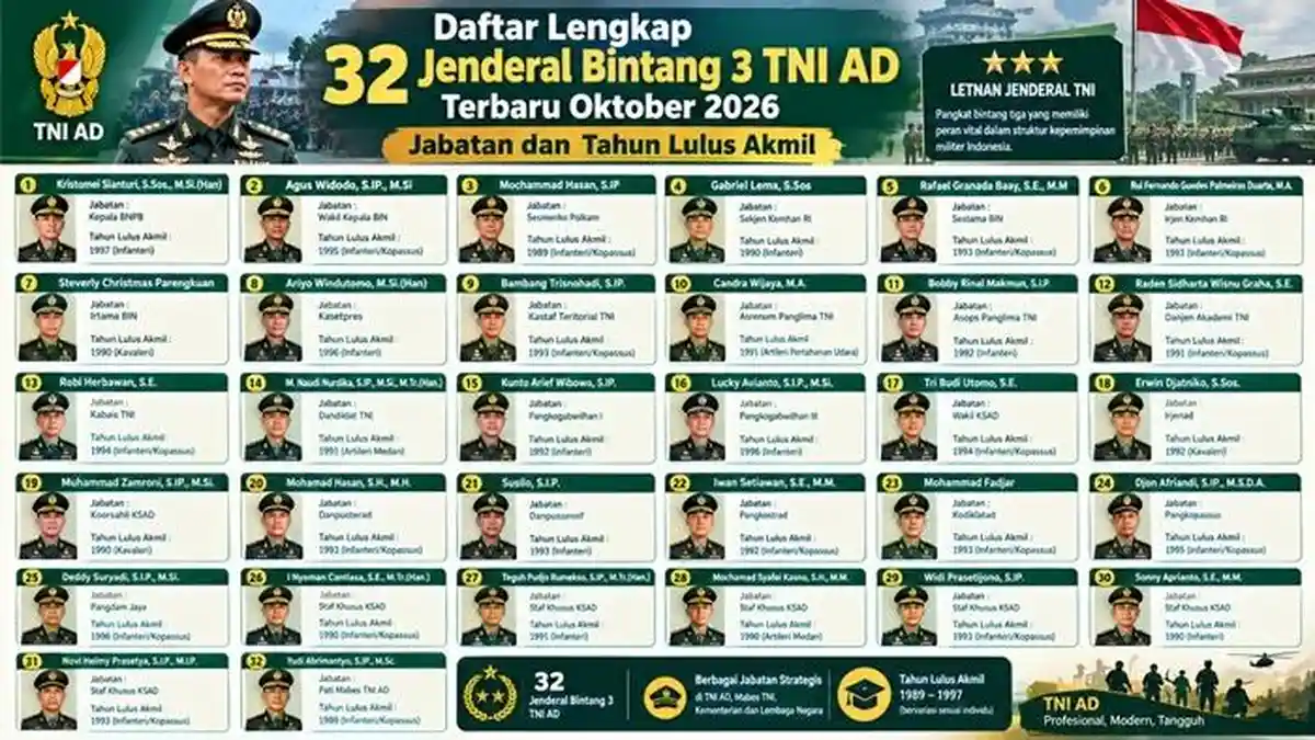 Daftar Lengkap 32 Jenderal Bintang 3 TNI AD Terbaru Oktober 2026 ...