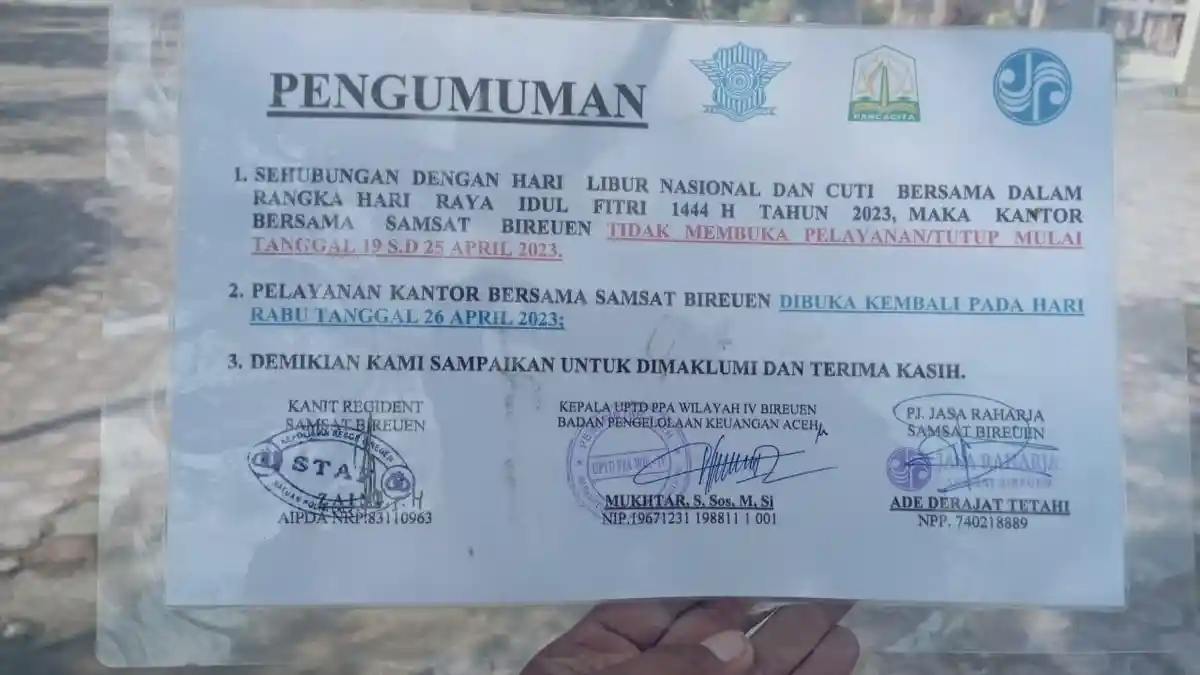 Pelayanan Kantor Samsat Bireuen Tutup dan Dibuka 26 April 2023