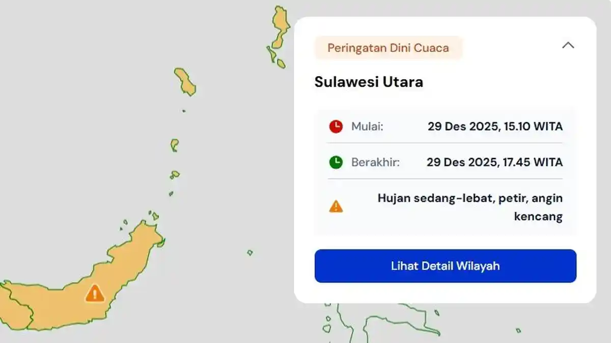 Peringatan Dini Cuaca di Sulut Sore Ini Senin 29 Desember 2025, Berikut Info BMKG