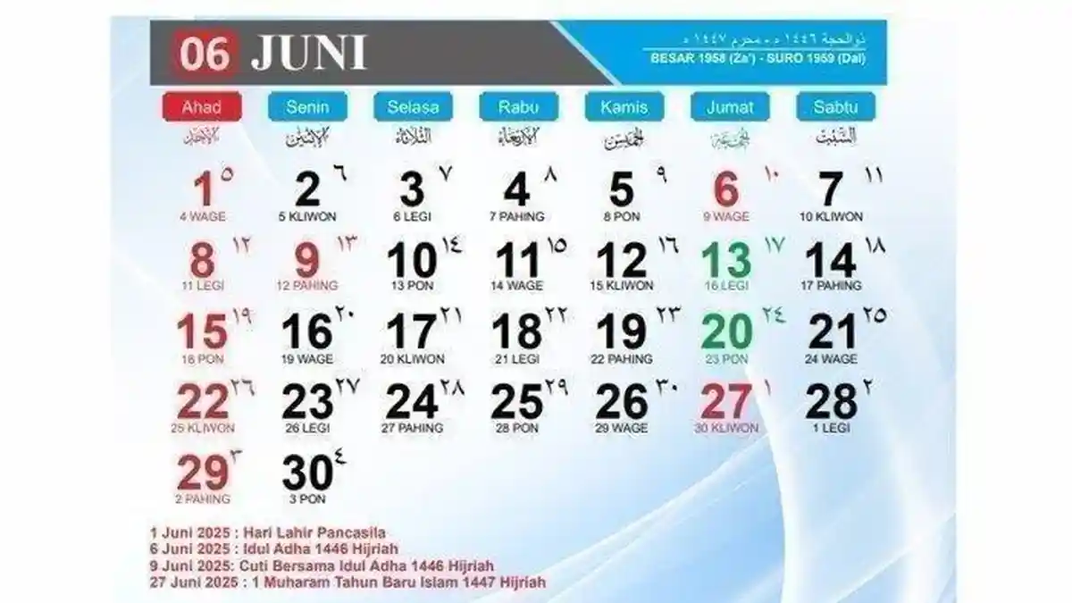 Kalender Juni 2025 Lengkap Penanggalan Weton Jawa, Masih Berapa Kali Lagi Libur Nasional Bulan Ini?