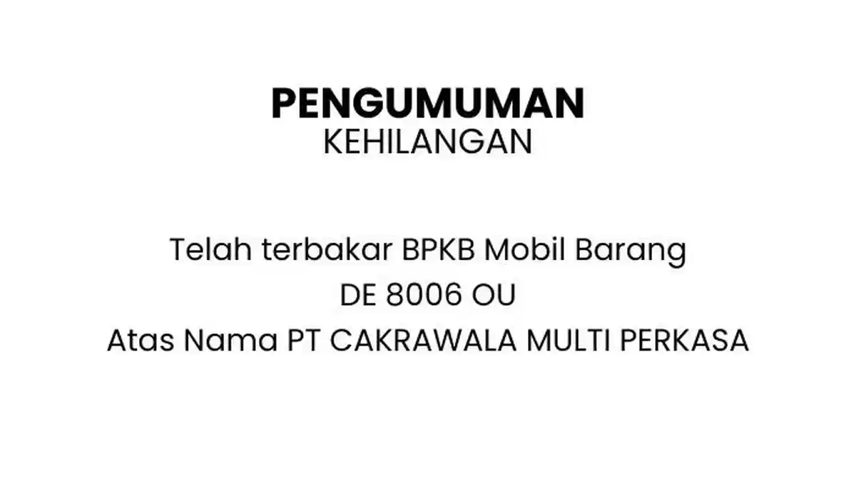 Berita Kehilangan Terbaru, BPKB Mobil Nomor Polisi DE 8006 OU