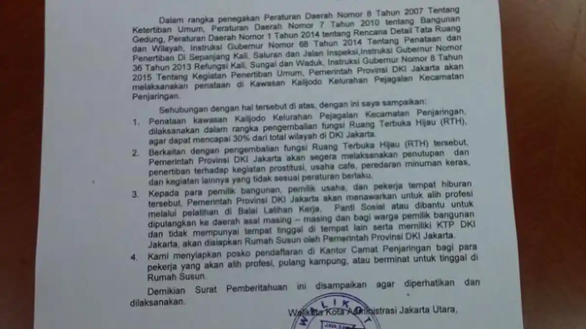 Kalijodo Segera Ditertibkan, Surat Edaran Sudah Dikeluarkan