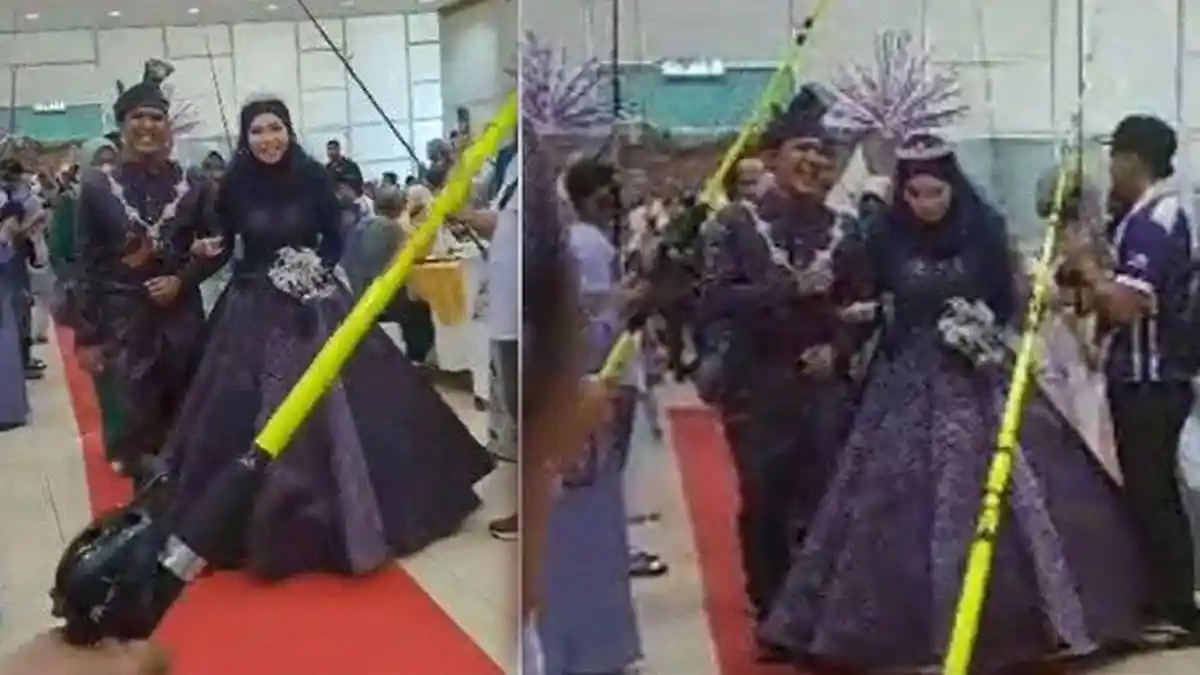 VIRAL Pengantin Disambut Pakai Alat Pancing Mirip Pedang Pora, Ternyata Sesuai Profesi Mempelai Pria