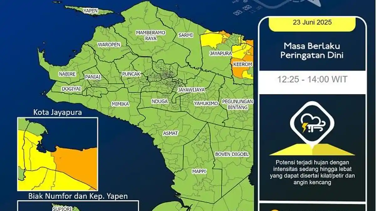 Waspada! Hujan Lebat Disertai Petir dan Angin Kencang Landa Sebagian Papua Siang Ini