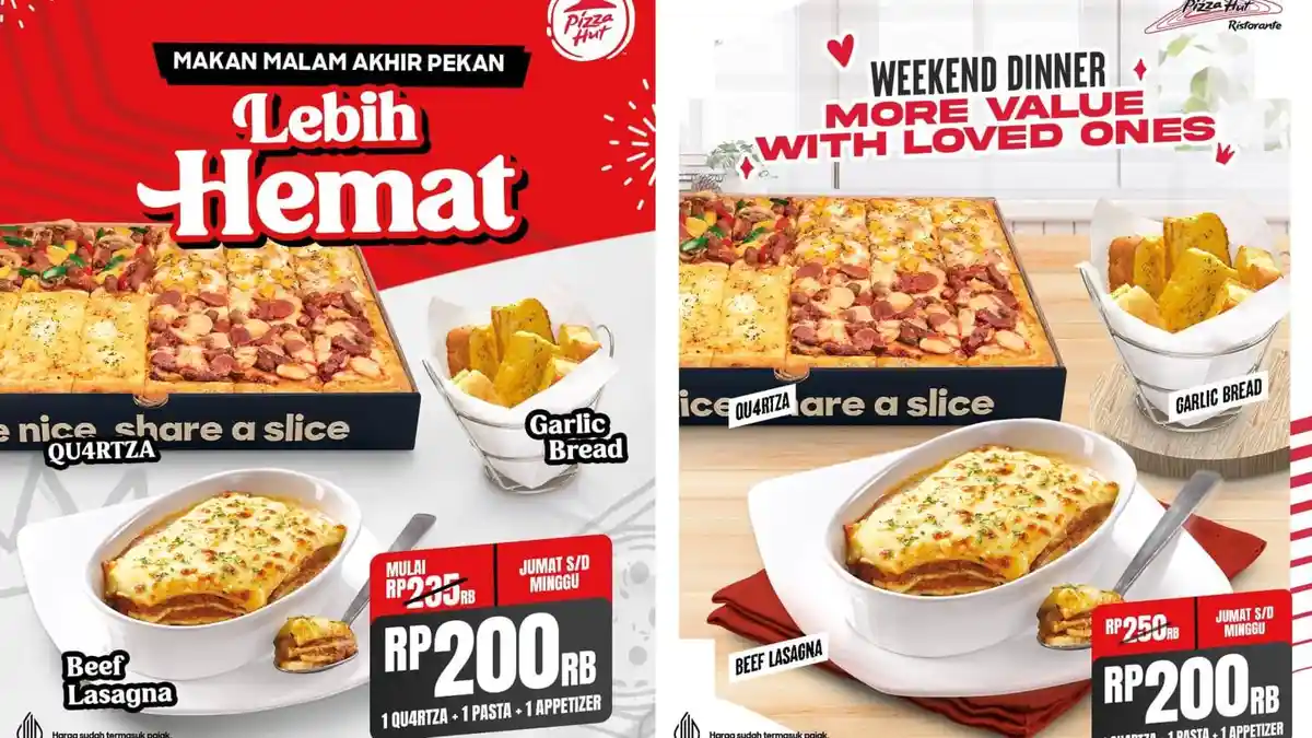 Promo Pizza Hut 5 Januari 2025,  1 QU4RTZA Pizza + 1 Beef Lasagna + 1 Garlic Bread Rp 200 Ribuan