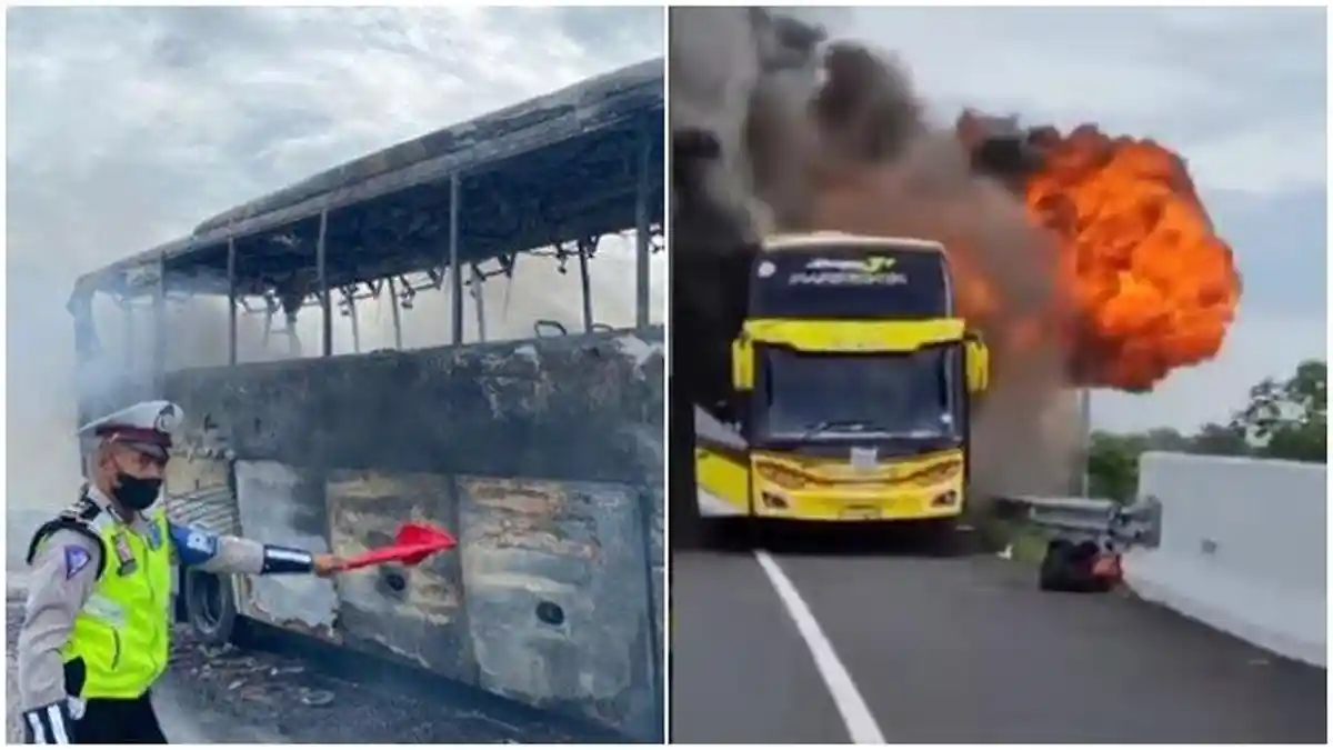 VIRAL Bus Terbakar di Tol Pandaan-Malang, Penumpang Teriak Kepanasan, Api Diduga dari Bagian Mesin