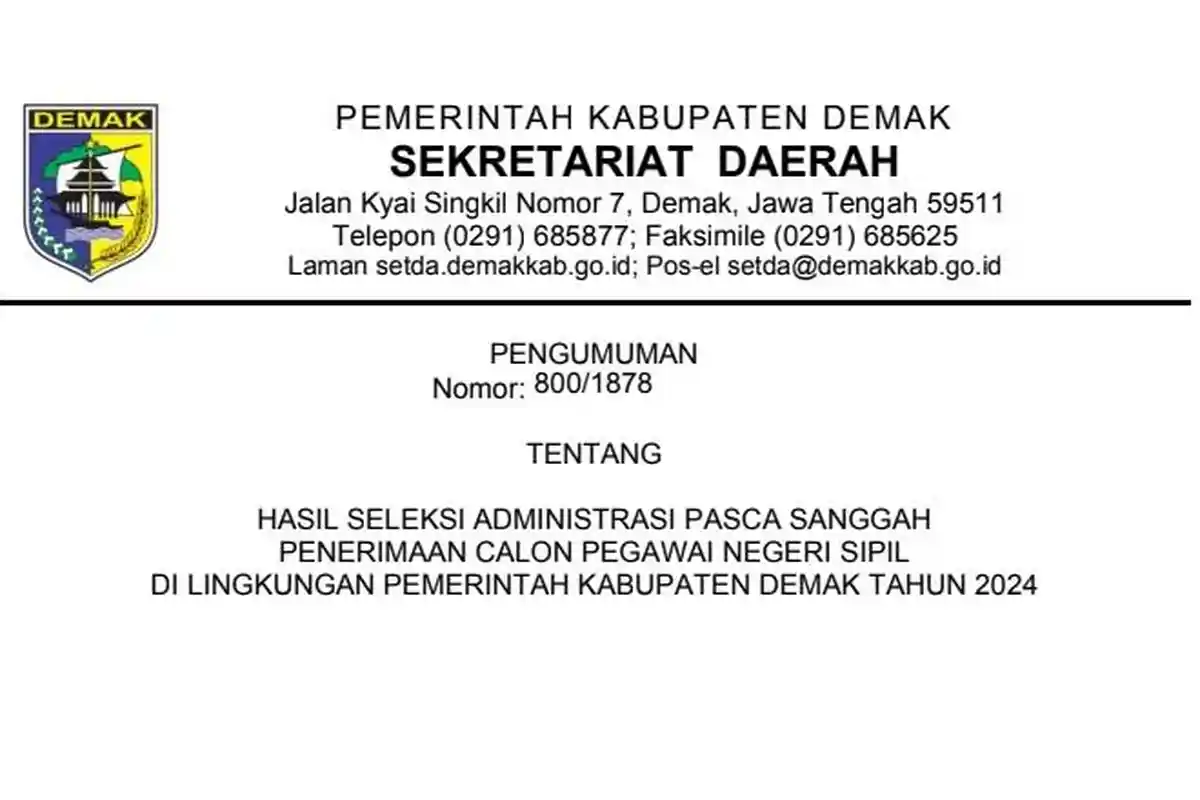 Link Download PDF Hasil Seleksi Administrasi CPNS 2024 Pemkab Demak Pasca Sanggah, 48 TMS Jadi MS