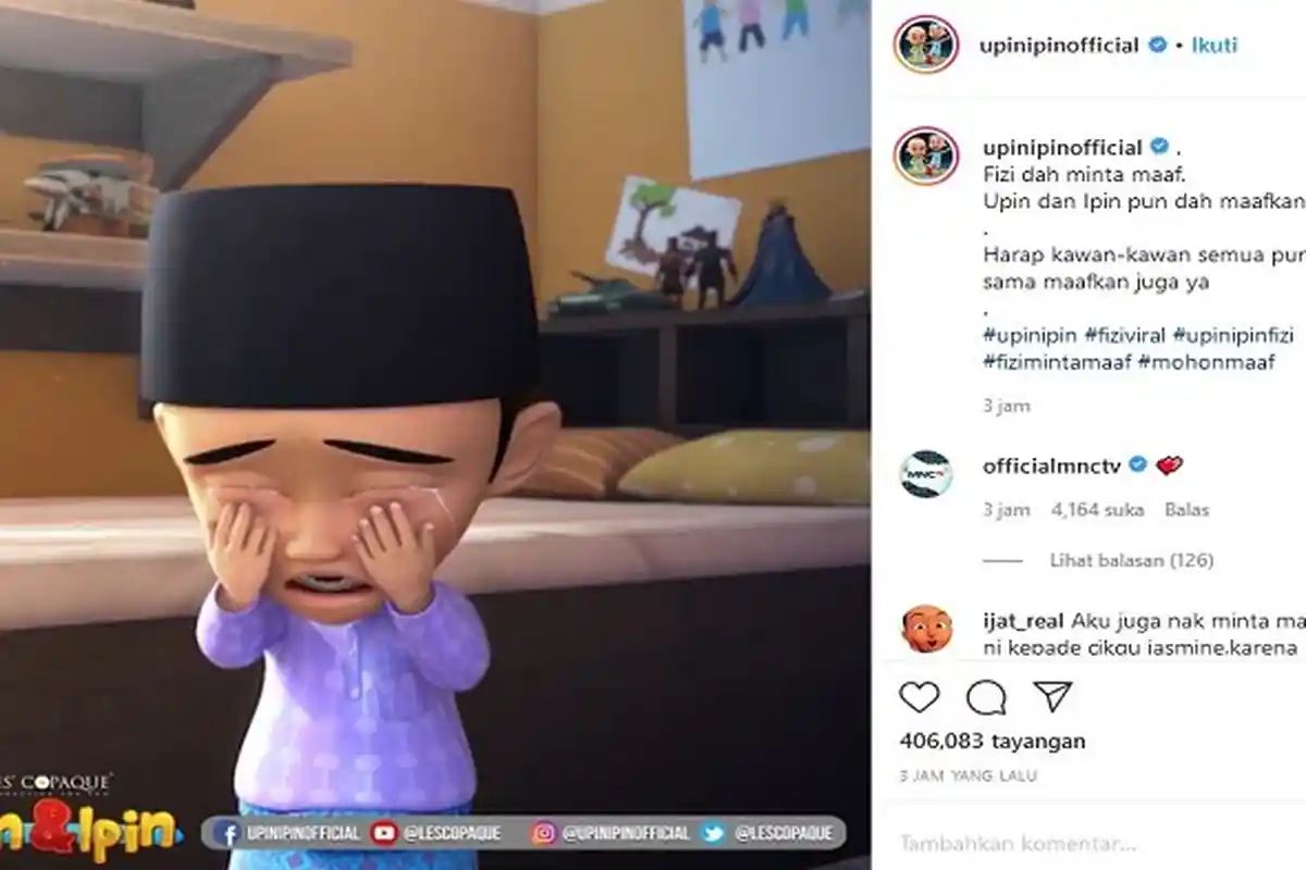 Instagram Ofisial Upin & Upin Unggah Video Klarifikasi Permintaan Maaf Fizi, MNC TV Beri Komentar