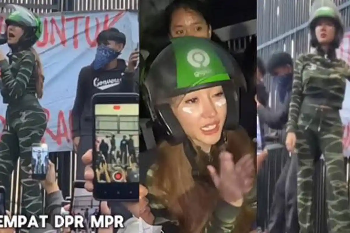 Lucinta Luna Pakai Baju Loreng Helm Ojol Orasi di Depan Gedung DPR: Jangan Mau Dibodohi!