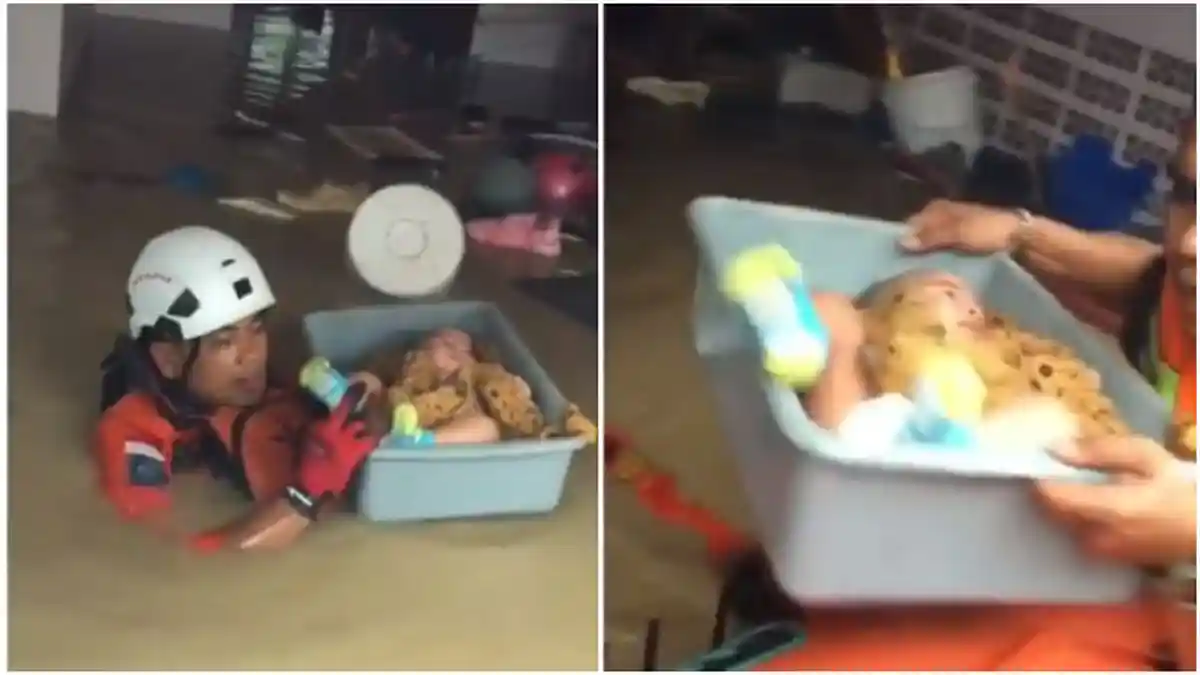 Viral Video Mengharukan Evakuasi Bayi saat Banjir Berlangsung Dramatis, Dimasukkan ke Baskom