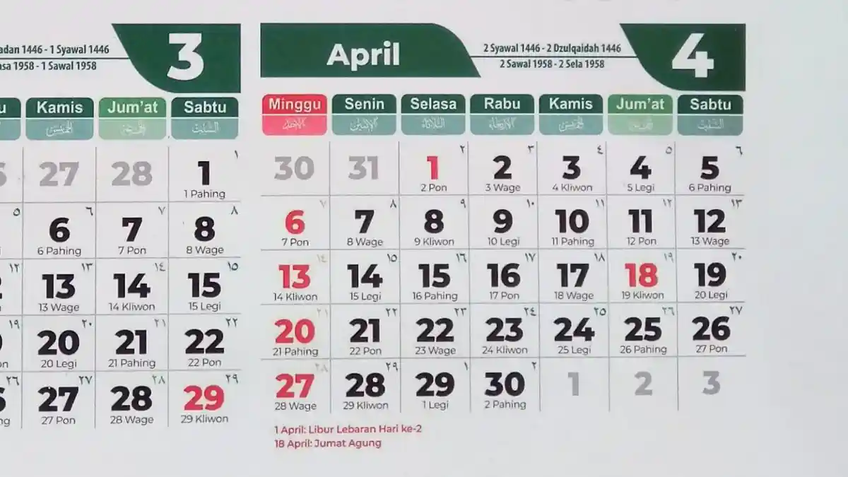 Kalender April 2025 Lengkap Weton 1 April 2025, Simak Neptu dan Wuku Hari